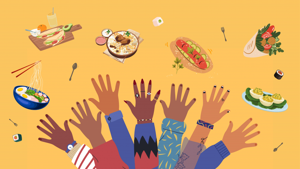 clipart image of hands of many skintones and different foods from a variety of cultures.
